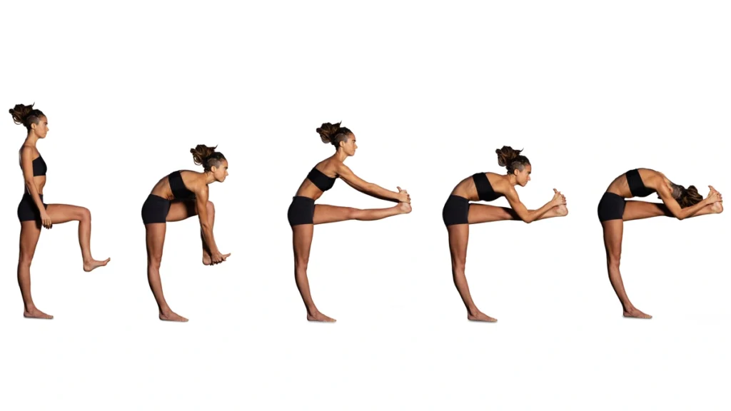 Standing Head to Knee progression at a Yoga Competition