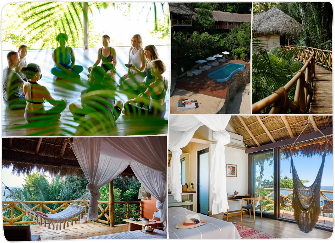 Collage of a tropical yoga retreat featuring a group meditation in an open-air shala, a poolside lounge, and luxury eco-cabins with hammocks and ocean views.